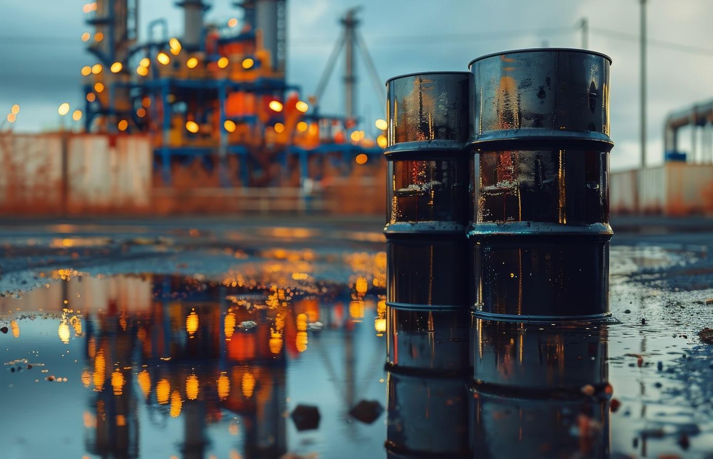 Oil drums stacked beside industrial production towers at dusk